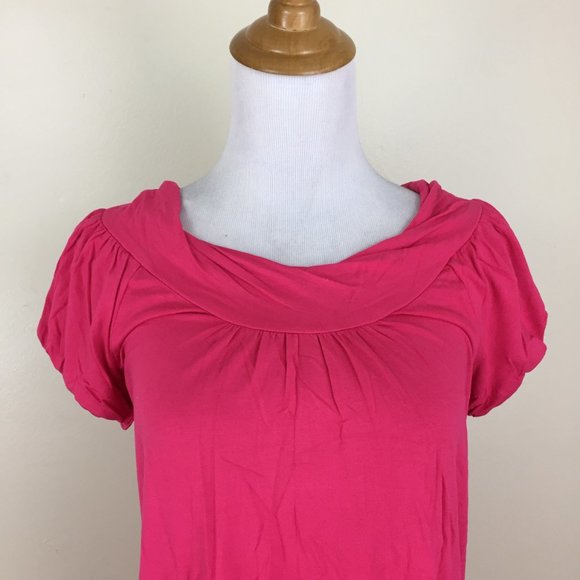BCBGMAXAZRIA Dark Pink Twisted Round Collar Short Sleeve Banded Hem Shirt - Picture 7 of 8